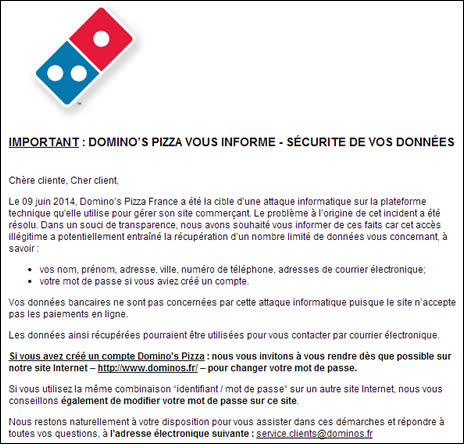 Domino's Pizza a été victime d'un piratage de sa base de données clients